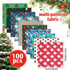 Irenare 100 Pcs 8 x 8 Inches Christmas Fabric Bundles Fat Quarters Santa Claus Precut Fabric Bundle Squares Xmas Tree Snowman Printed Sewing Patchwork Fabric Winter Fabric for Xmas DIY Crafts Quilting