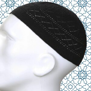 Kapobia Muslim Prayer Rug Prayer Beads Kufi Hat for Men and Women 100% Breathable Black Skull Beanie Traditional Desing Prayer Mat Eid Ramadan Gifts Islamic Set Salah Mat Taffeta Fabric Soft (Black)