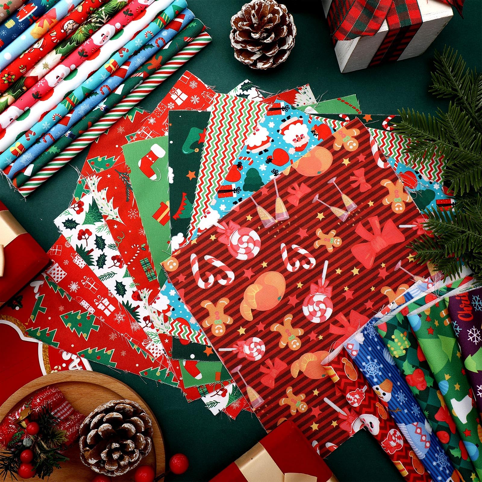 Irenare 100 Pcs 8 x 8 Inches Christmas Fabric Bundles Fat Quarters Santa Claus Precut Fabric Bundle Squares Xmas Tree Snowman Printed Sewing Patchwork Fabric Winter Fabric for Xmas DIY Crafts Quilting