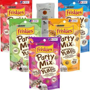 aurora pet variety pack (5) friskies party mix natural yums cat treats (salmon, tuna, chicken, shrimp, catnip) 2.1-oz each with aurorapet wipes