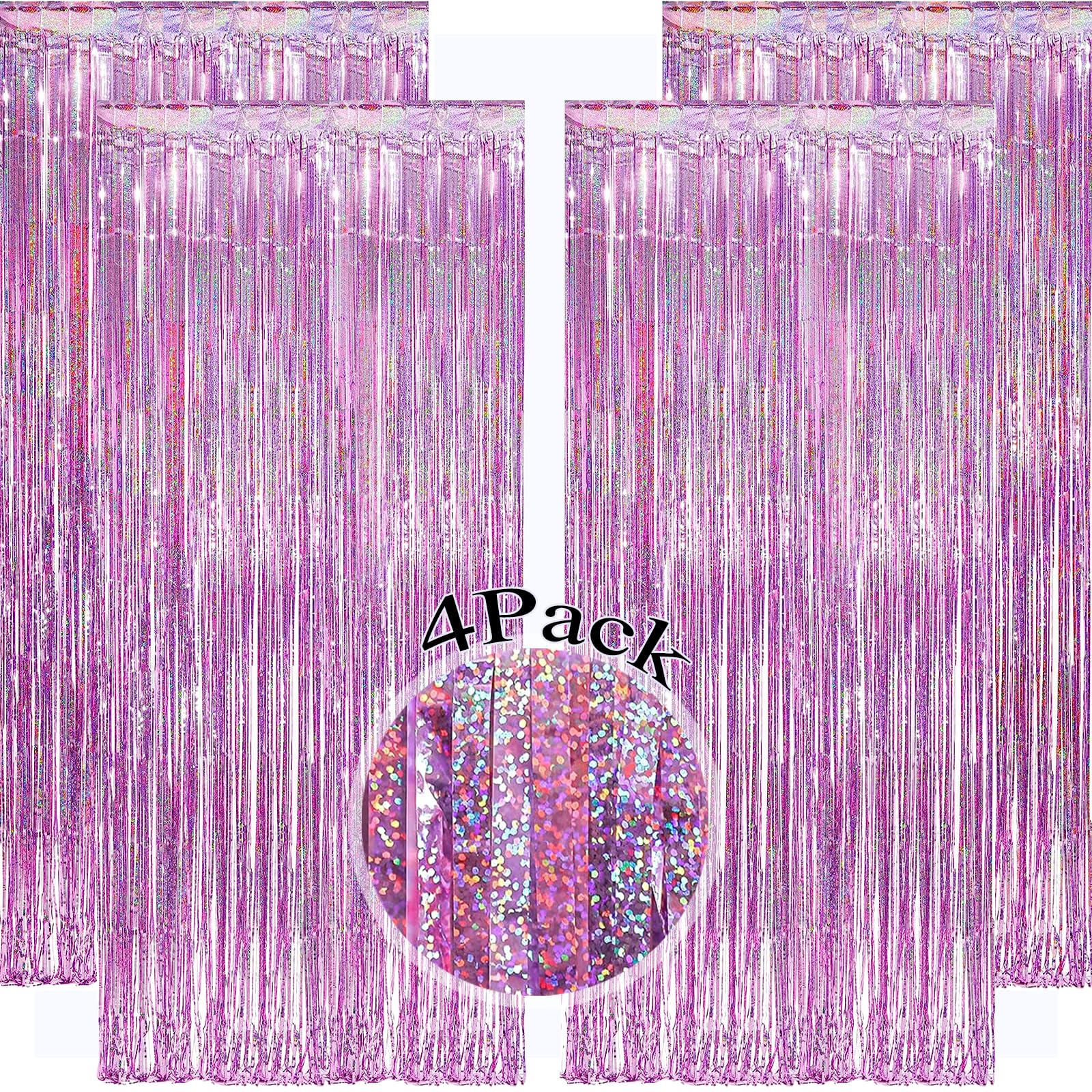 4 Pack Pink Tinsel Curtain Metallic-12.8x8.2 Feet, Slmeno Glitter Pink Fringe Curtain, Pink Party Curtain, Pink Tinsel Backdrop, Pink Streamer Backdrop, Pink Foil Fringe Curtain, Pink Glitter Backdrop