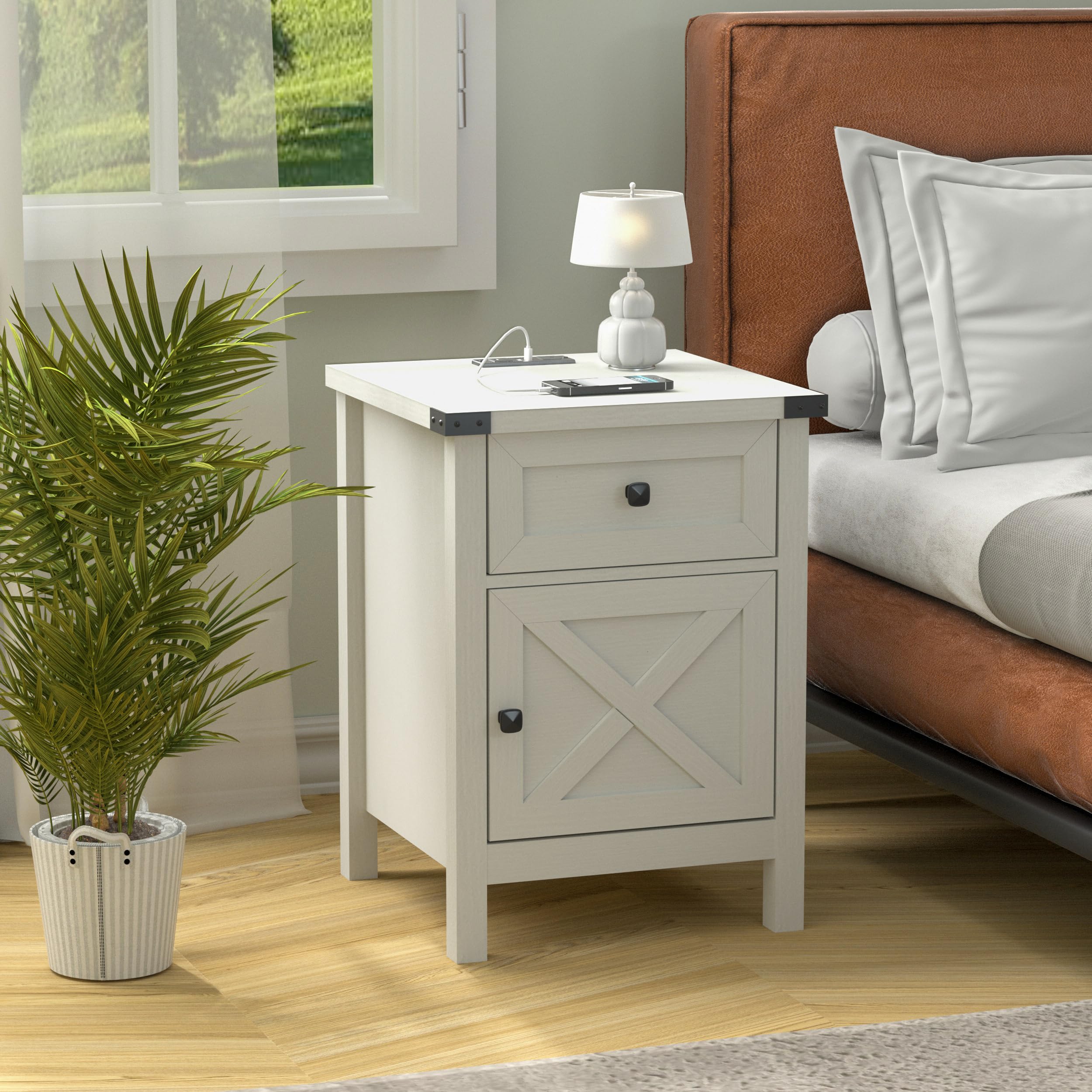 Farmhouse Nightstand with Charging Station, White Side Table, Rustic End Table with Barn Door and Drawer, Rustic Floating Nightstands Modern Bed Side Table Night Stand for Bedroom and Living Room