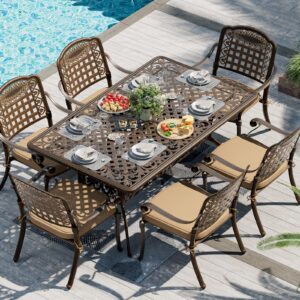 TITIMO 7 Piece Cast Aluminum Patio Dining Set, Outdoor Dining Furniture Patio Table and Chairs Set with 6 Outdoor Stackable Chairs & 1 Rectangle Dining Table for Backyard Garden Deck