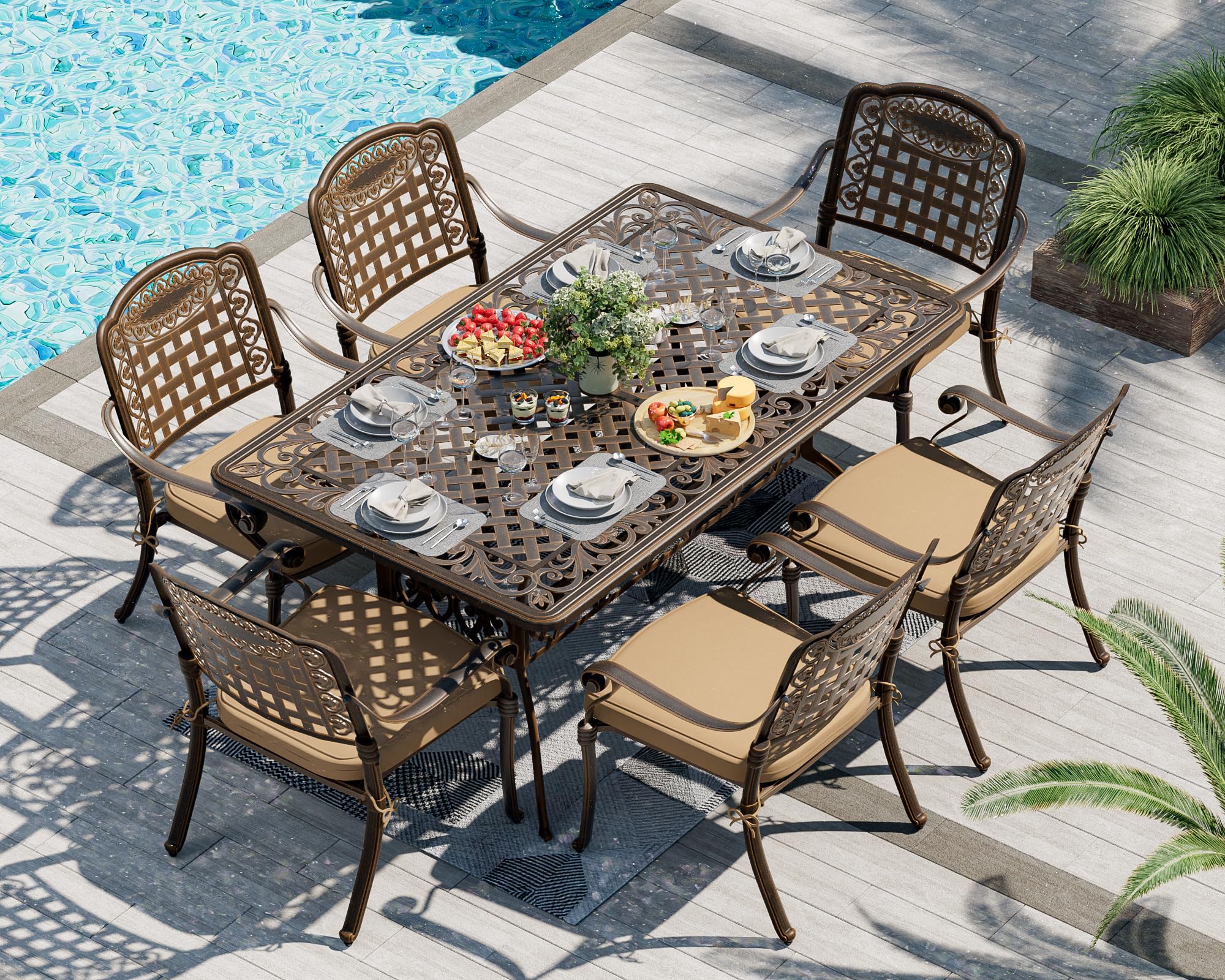 TITIMO 7 Piece Cast Aluminum Patio Dining Set, Outdoor Dining Furniture Patio Table and Chairs Set with 6 Outdoor Stackable Chairs & 1 Rectangle Dining Table for Backyard Garden Deck