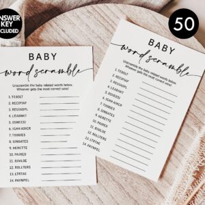 All Ewired Up 50 Baby Shower Word Scramble Game (50-Cards) Fun Baby Shower Game Activity, Gender Neutral Boy or Girl, Minimalist