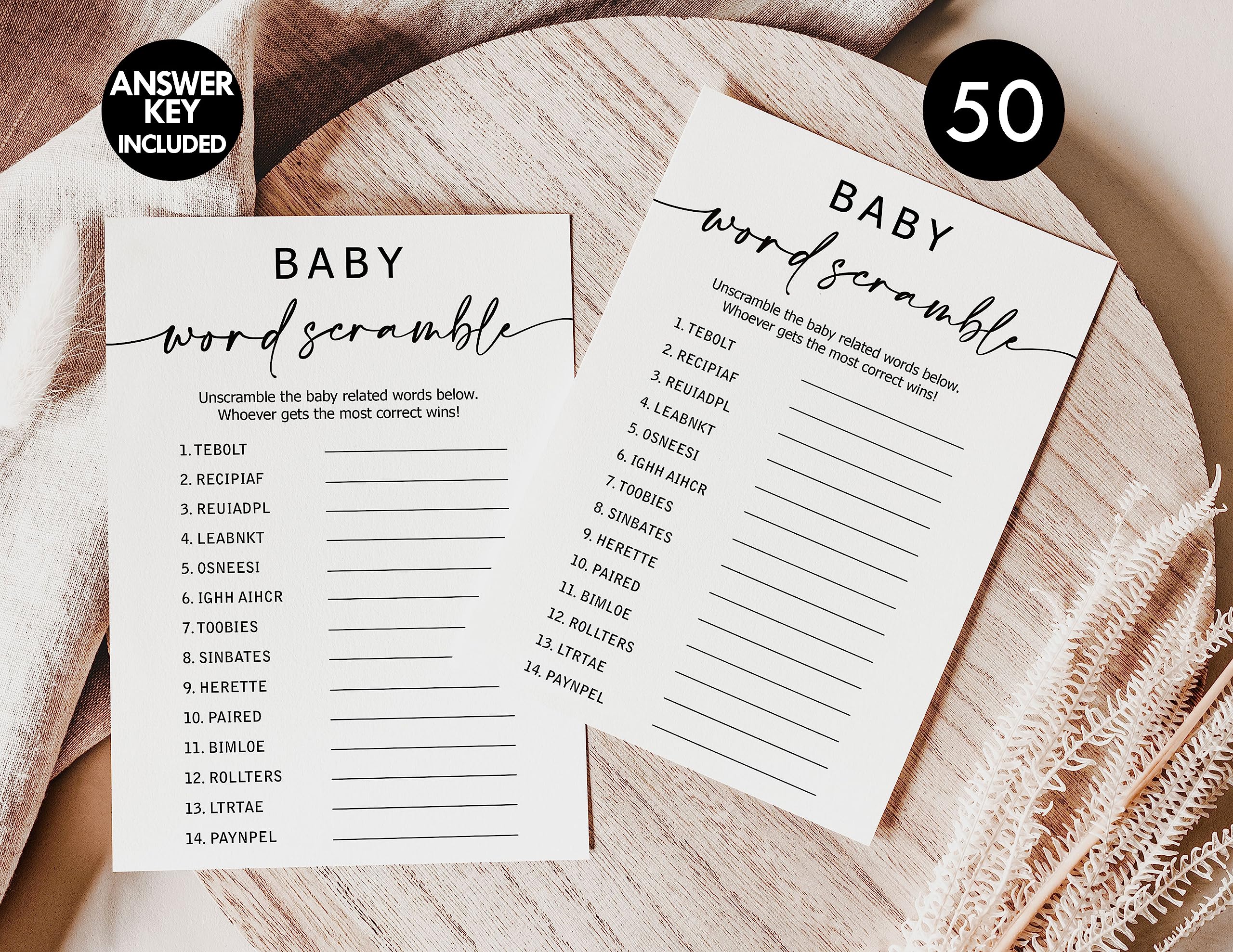 All Ewired Up 50 Baby Shower Word Scramble Game (50-Cards) Fun Baby Shower Game Activity, Gender Neutral Boy or Girl, Minimalist