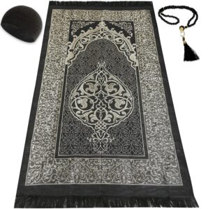 kapobia muslim prayer rug prayer beads kufi hat for men and women 100% breathable black skull beanie traditional desing prayer mat eid ramadan gifts islamic set salah mat taffeta fabric soft (black)