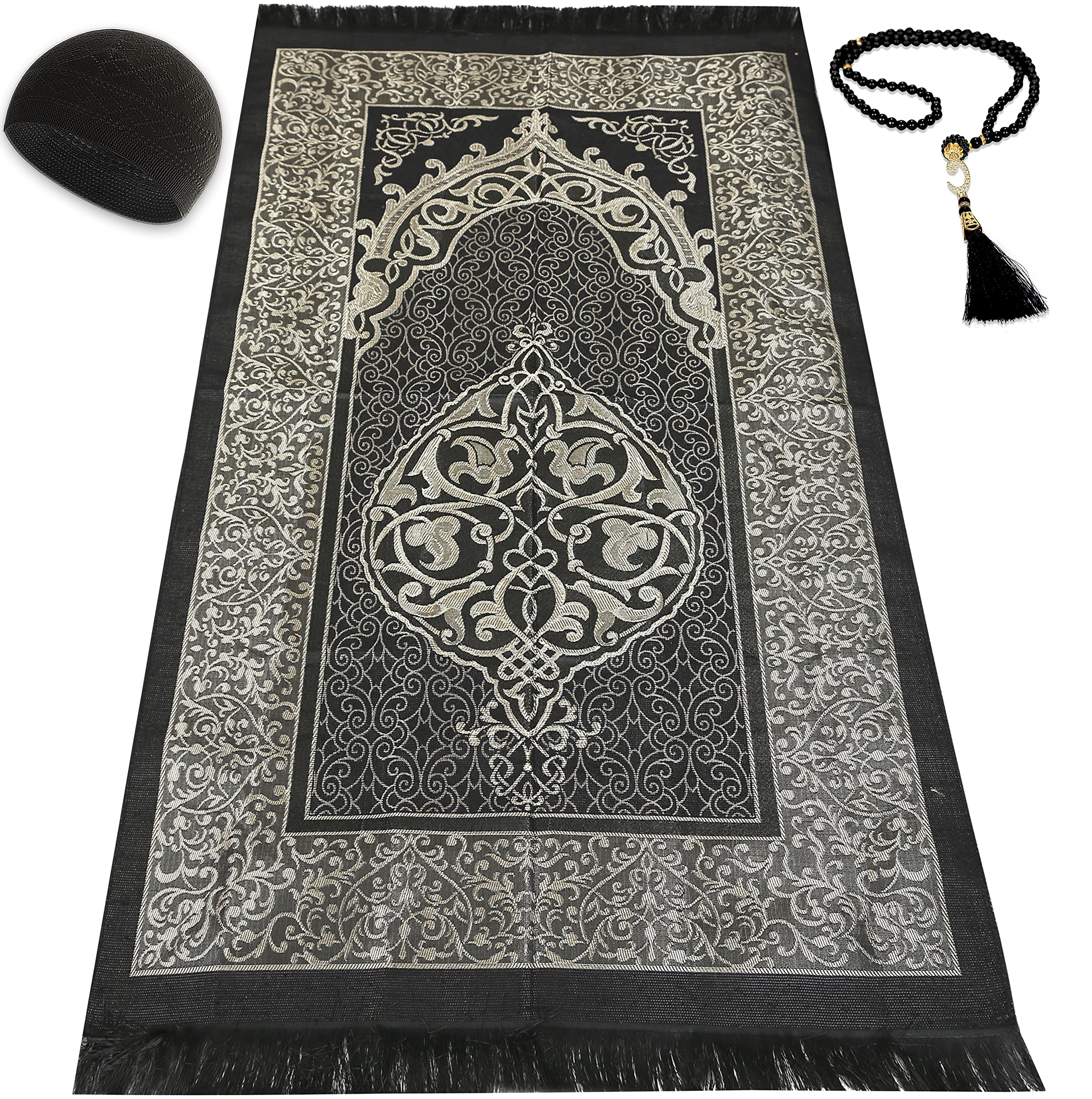 Kapobia Muslim Prayer Rug Prayer Beads Kufi Hat for Men and Women 100% Breathable Black Skull Beanie Traditional Desing Prayer Mat Eid Ramadan Gifts Islamic Set Salah Mat Taffeta Fabric Soft (Black)