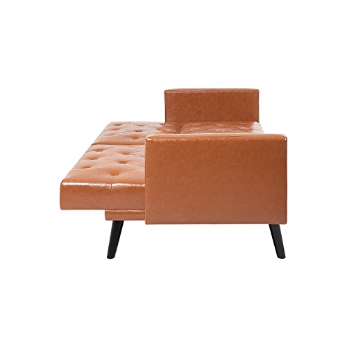 Naomi Home Jolene Tufted Split Back Futon, Mid Century Convertible Sofa Bed for Small Rooms, Faux Leather Couch, Perfect for Your Modern Living Room- Caramel, Faux Leather