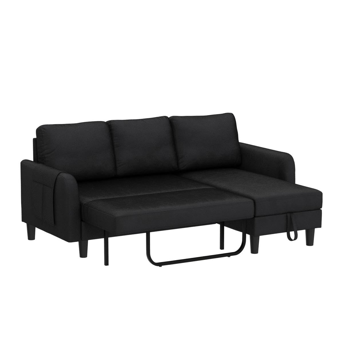 Modern Velvet Pull Out Sleeper Sofa Bed with Chaise, Comfy L Shaped Convertible Sleeper Couch with Storage and Pocket, Sectional 3 Seat Couch for Living Room Furniture or Office, Smooth Back - Black