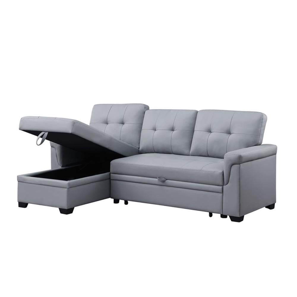 BOWERY HILL Gray Vegan Faux Leather Reversible Sleeper Sofa with Storage Chaise