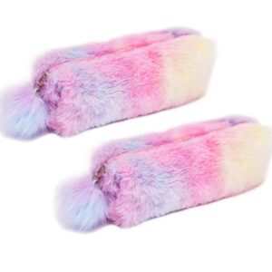 2PcsPlush Rainbow Pencil Case for Girls Fluffy Pencil Case Cute Rainbow Pencil Holder Soft Pencil Case Fluffy Pencil Bag Makeup Pouch Colored Storage Bags Large Capacity School Supplies for Kids