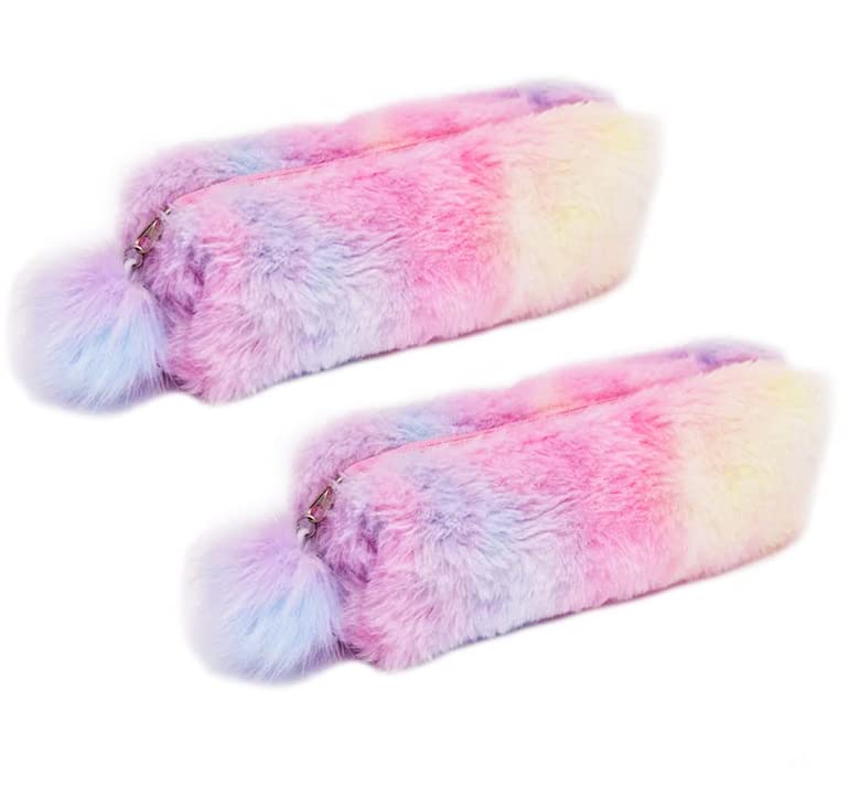 2PcsPlush Rainbow Pencil Case for Girls Fluffy Pencil Case Cute Rainbow Pencil Holder Soft Pencil Case Fluffy Pencil Bag Makeup Pouch Colored Storage Bags Large Capacity School Supplies for Kids