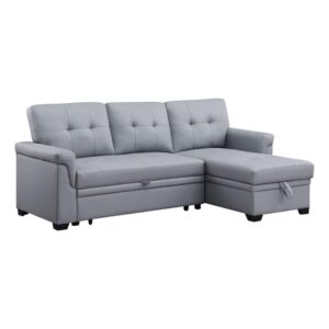 bowery hill gray vegan faux leather reversible sleeper sofa with storage chaise