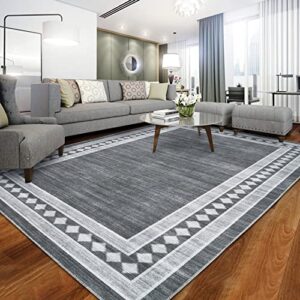 rugsreal large area rug 9x12 bordered rug indoor outdoor rug solid rug soft modern geometric boho rug, non-slip rugs for living room, foldable machine washable area rug (9x12,grey)