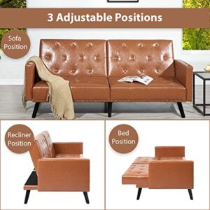 Naomi Home Jolene Tufted Split Back Futon, Mid Century Convertible Sofa Bed for Small Rooms, Faux Leather Couch, Perfect for Your Modern Living Room- Caramel, Faux Leather