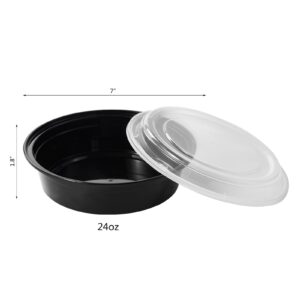 FULING 24 oz 50 ct Round Meal Prep Food Storage Containers with Lids To Go Plastic Lunch Plan Box Disposable Take Out Bowls Black BPA Free Reusable Durable Stackable Microwave Freezer Dishwasher Safe