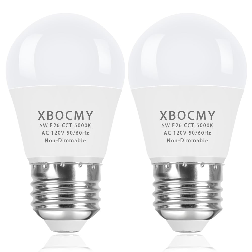 XBOCMY A15 LED Light Bulbs, 40 Watt Equivalent LED Refrigerator Light Bulb, 5W Daylight 5000K, 500 Lumens, Medium Base (E26), Non-Dimmable, A15 Appliance Bulb, 2-Pack