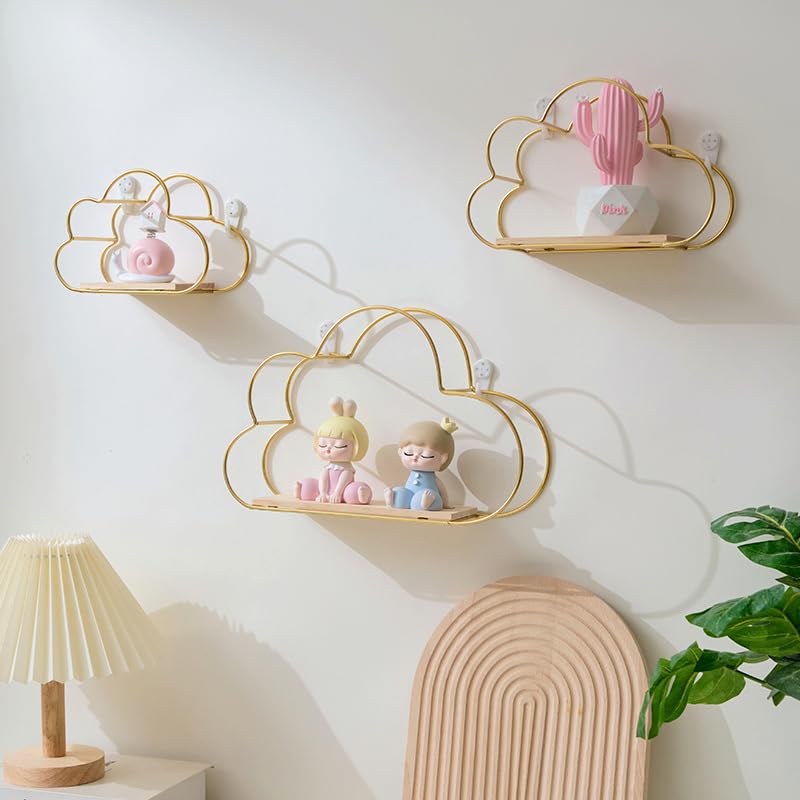 LYZOLICS 3Pcs Metal Cloud-Shaped Floating Shelves - Innovative Wall Decor, Wall Mounted Storage Shelf, Display Ledge, Easy Installation, Effortless Cleaning(Golden 3 Pcs)