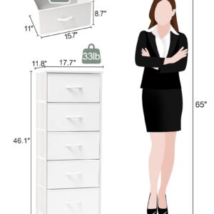 Crestlive Products Tall Dresser Vertical Storage Tower - Sturdy Steel Frame, Wood Top, Easy Pull Fabric Bins - Organizer Unit for Bedroom, Hallway, Entryway, Closets - 5 Drawers(White)