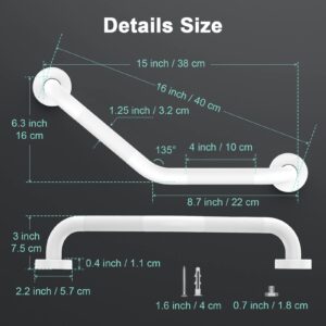 16 Inch Angled Grab Bar 2 Pack, ZUEXT Anti Slip White Shower Grab Bar Handles, Stainless Steel Knurled Bathroom Balance Bar, Safety Hand Rail Support,Handicap Elderly Injury Senior Assist Bath Handle