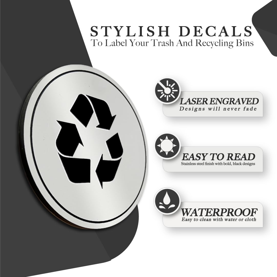 Trash and Recycle Stickers Set of 2 | Indoor Outdoor UV Stable & Weatherproof | Kitchen Pantry Office Organization | Garbage Bin and Waste Basket Label | 3x3 Inch Round Recycling and Trash Sticker