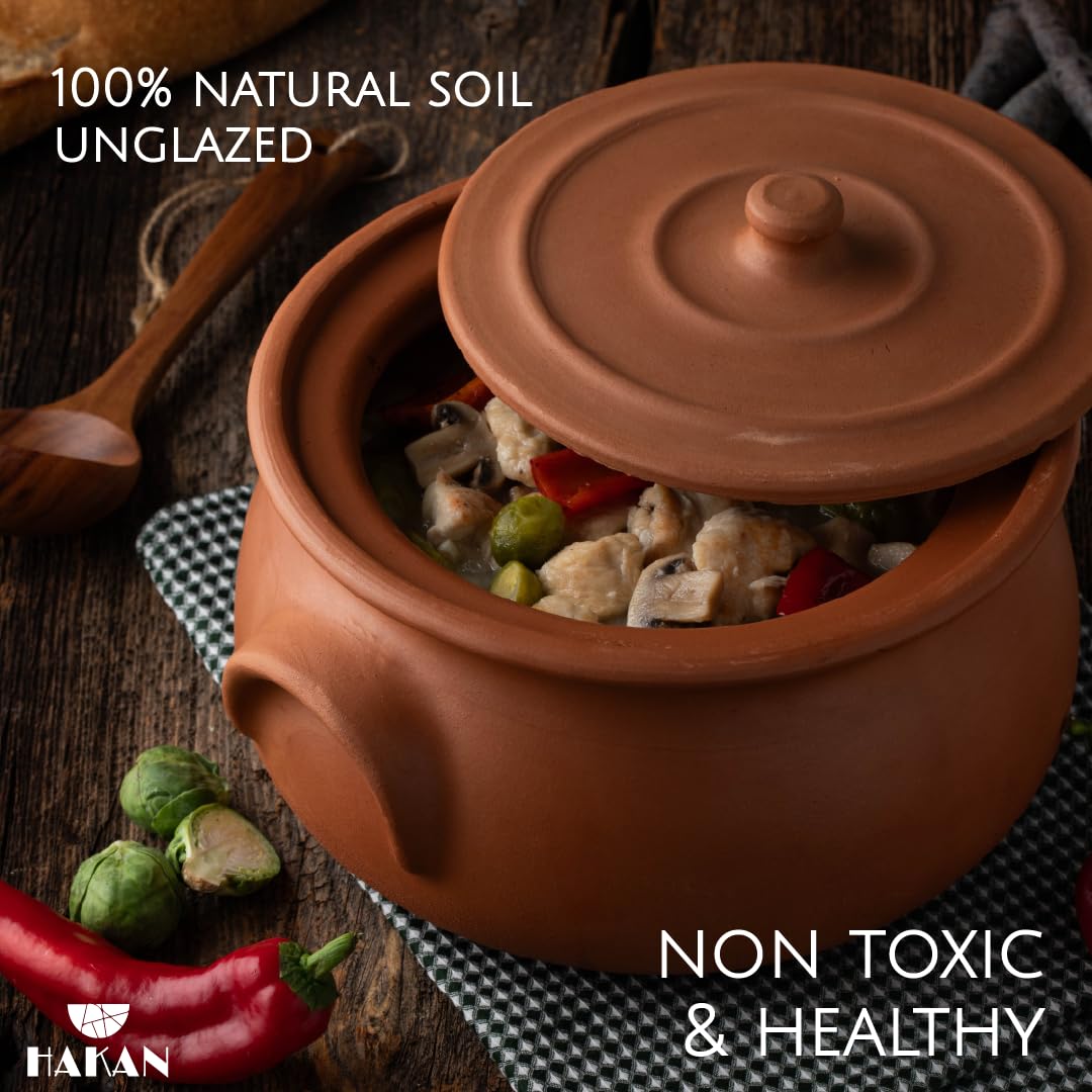 Hakan Handmade Clay Pot with Lid, Natural Unglazed Earthen Cookware, Terracotta Pot, Casserole Dish, Rice Cooking, Clay Pot, Terracotta Pan, Korean, Indian, Mexican Dish, Large, 7.6 Quarts (7.2 L)