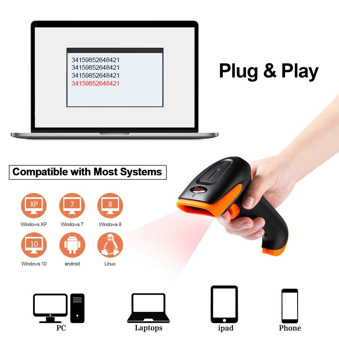 Tera Wireless 2D QR Barcode Scanner with Stand, 3 in 1 Compatible with Bluetooth & 2.4GHz Wireless & USB Wired Bar Code Reader Handheld HW0001