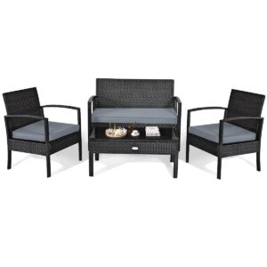 Toolsempire Outdoor Conversation Set 4 Pieces Patio Furniture, Wicker Patio Chair Sofa Set with Water-Resistant Gray Cushion & Tempered Glass Table for Backyard, Balcony, Porch(Black)