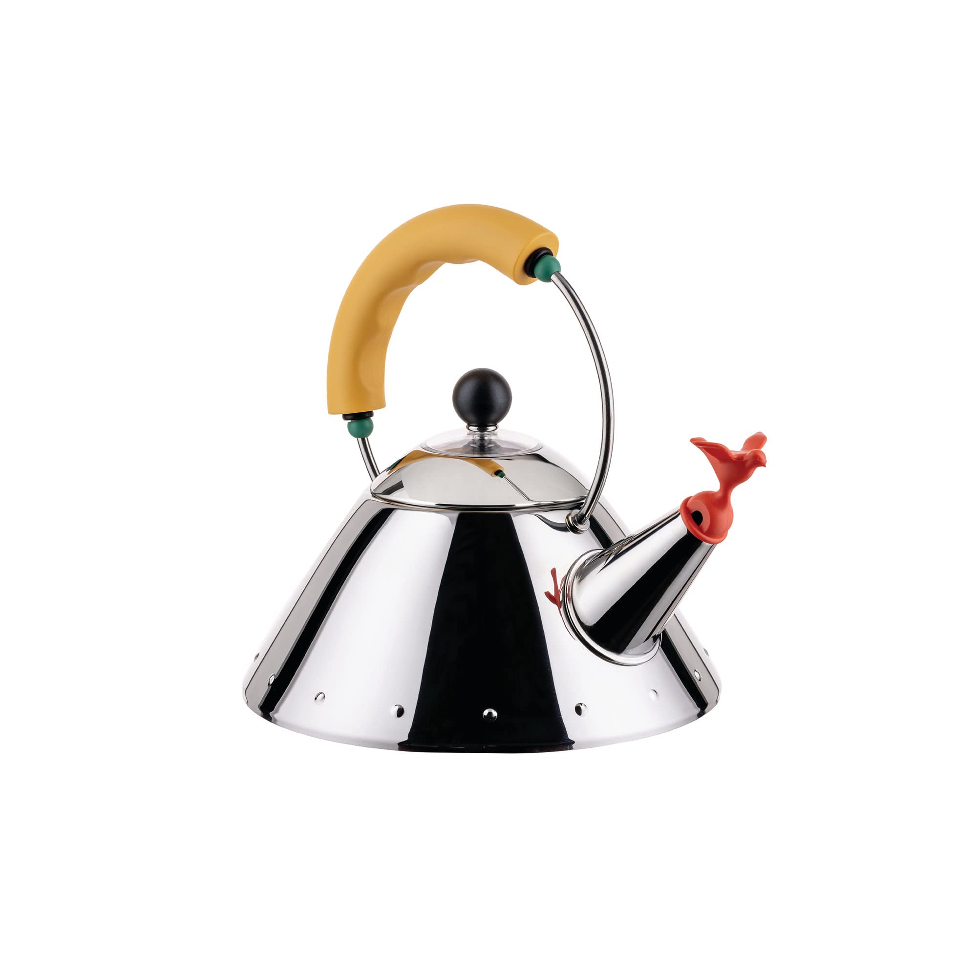 Alessi Kettle 9093/1 Y - Kettle with Magnetic Bottom Suitable for Induction Cooking, in 18/10 Stainless Steel Mirror Polished with Handle and Small Bird-shaped Whistle in PA, Yellow