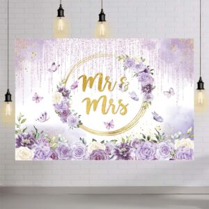 MEHOFOND 7x5ft Mr and Mrs Violet Wedding Backdrop for Bridal Shower Purple Flowers Dripping Glitter Photography Background Gold Geometric Couple Wedding Party Decor Bride to Be Engagement Banner Prop