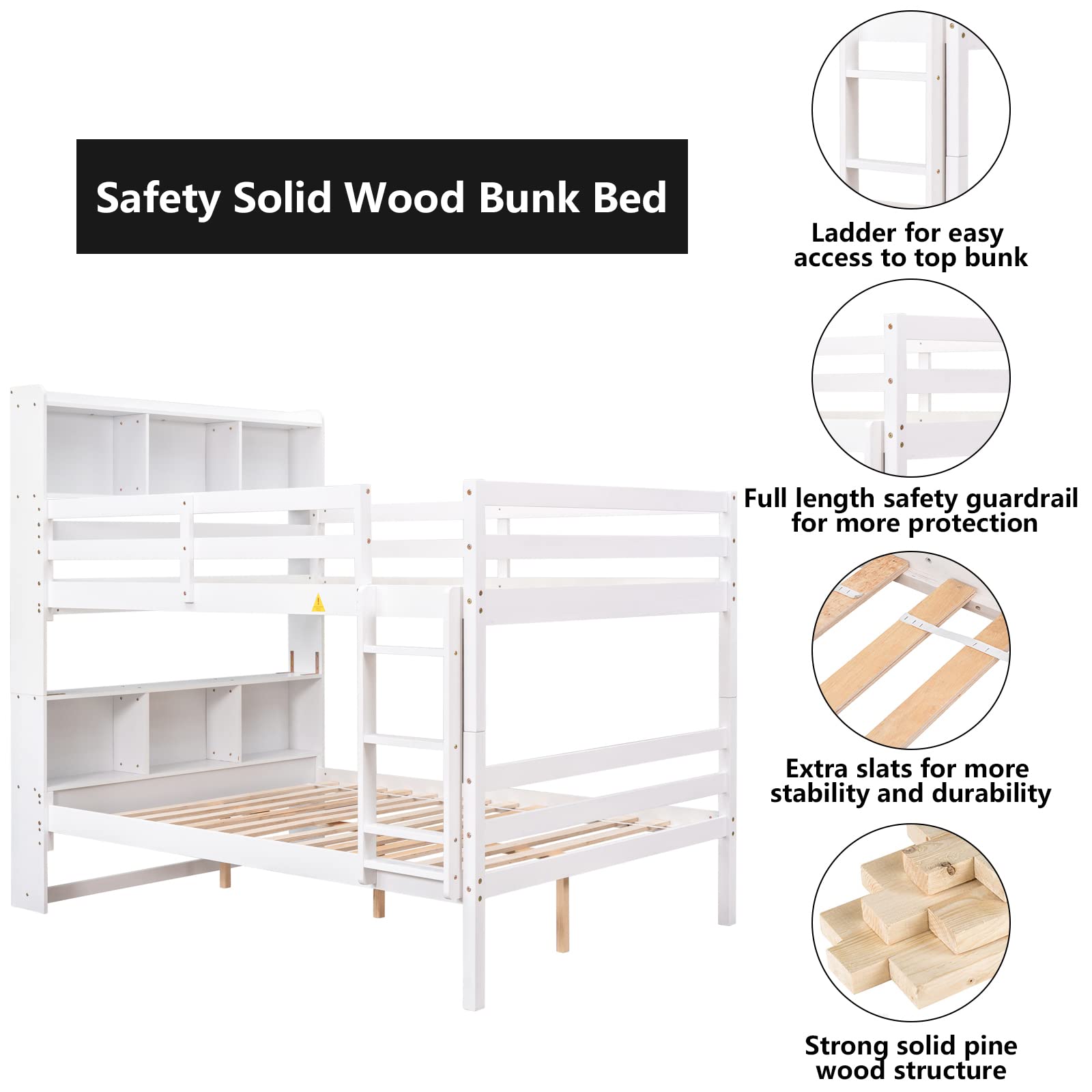 Betoko Solid Wood Bunk Beds Full Over Full with Bookcase Convertible Wooden Full Size Bunk Bed Frame with Storage Headboard for Teens,Kids,Boys,Girls,Adults and Small Spaces (White, Full Over Full)