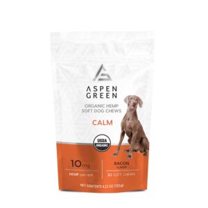 aspen green usda certified organic hemp calming chews for dogs - soft dog calming treats may support dog anxiety relief (10mg organic hemp per 4g chew - 30 hemp treats for dogs per bag) - bacon flavor