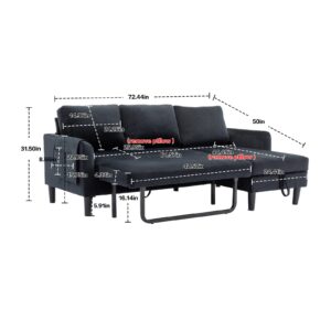 Modern Velvet Pull Out Sleeper Sofa Bed with Chaise, Comfy L Shaped Convertible Sleeper Couch with Storage and Pocket, Sectional 3 Seat Couch for Living Room Furniture or Office, Smooth Back - Black