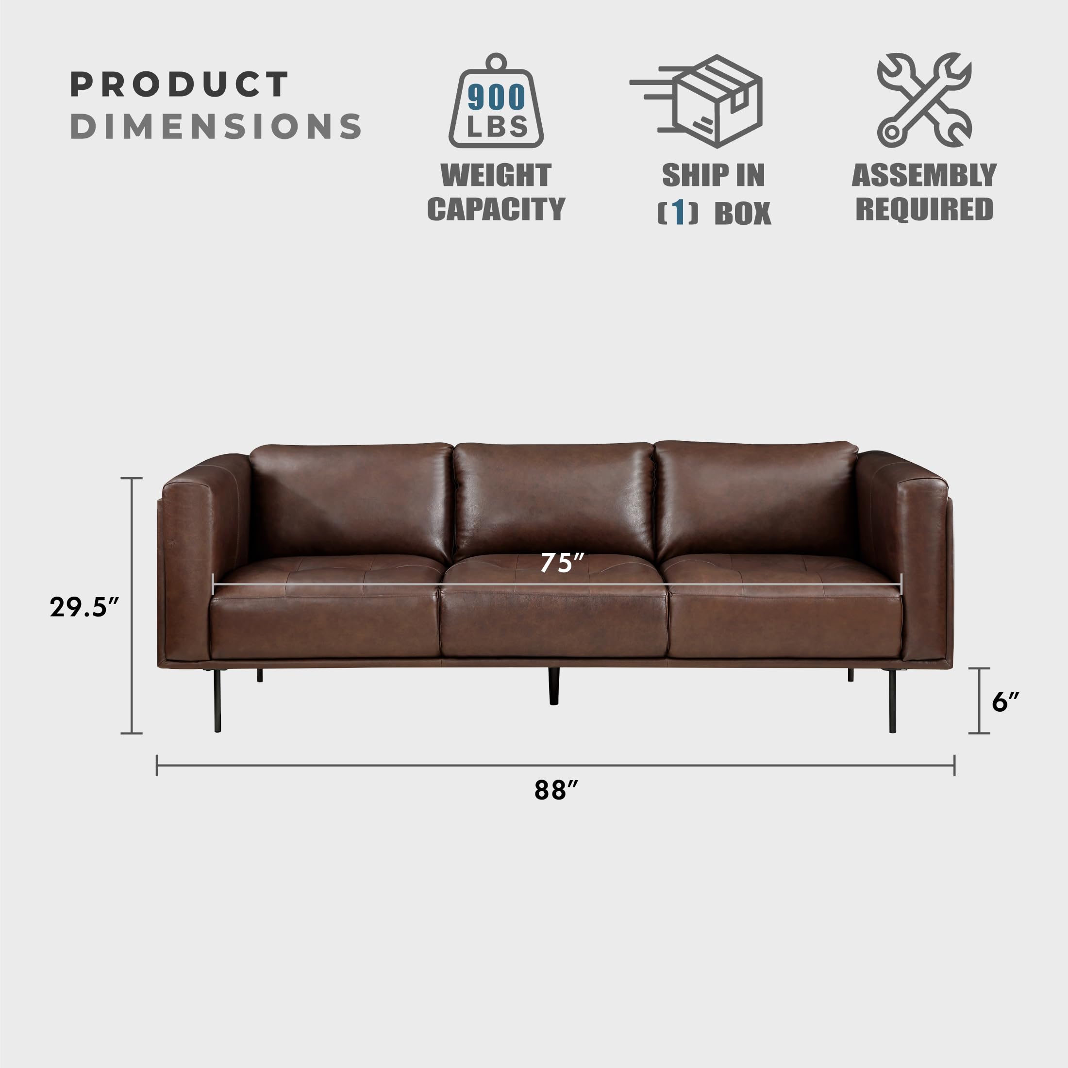 Lexicon Leather Couch, Top Grain Leather Sofa, Modern Couch, Oversized Sofa with Solid Wood Frame and Metal Legs, Couch Leather Sofas for Living Room, Bedroom, Office, 3-Seater Couches, Brown