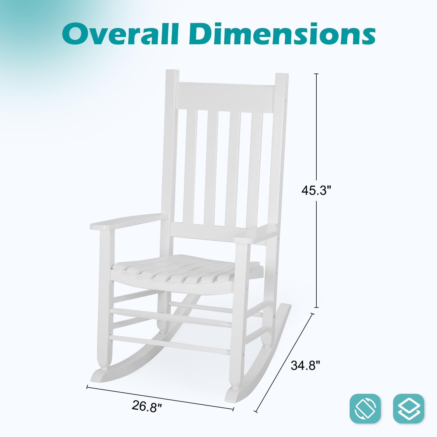 Outdoor Rocking Chair Patio Rocking Chair Porch Rocking with High Back and Handrail Comfortable and Stable Durable Load Bearing 243 lbs Patio Rocker Chair for Porch Garden and Terrace (White)