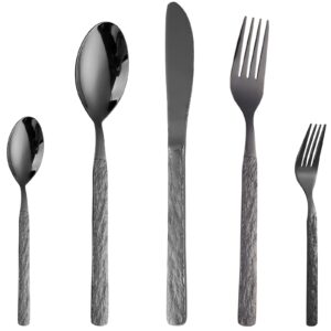 caopaoti silverware set black, flatware set for 8, 40 pieces knife fork spoon set, stainless steel cutlery serving utensils set, unique design of stone pattern, disherwash safe