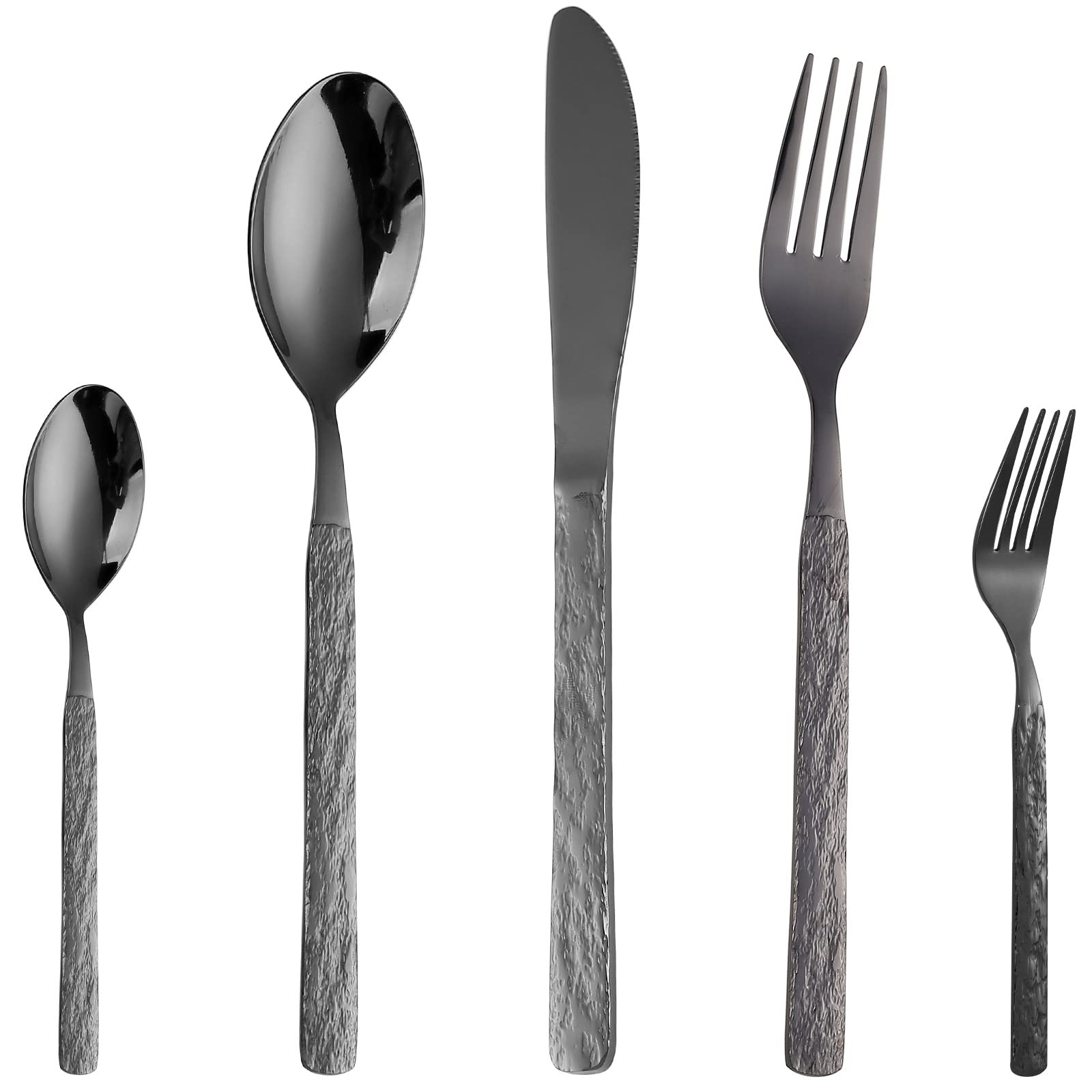 CAOPAOTI Silverware Set Black, Flatware Set for 8, 40 Pieces Knife Fork Spoon Set, Stainless Steel Cutlery Serving Utensils Set, Unique Design of Stone Pattern, Disherwash Safe