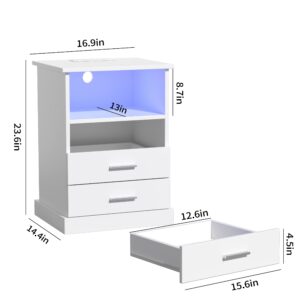 Halitaa Nightstand with Charging Station, LED Lights Side Table with 3 Drawers, End Table for Bedroom Office White