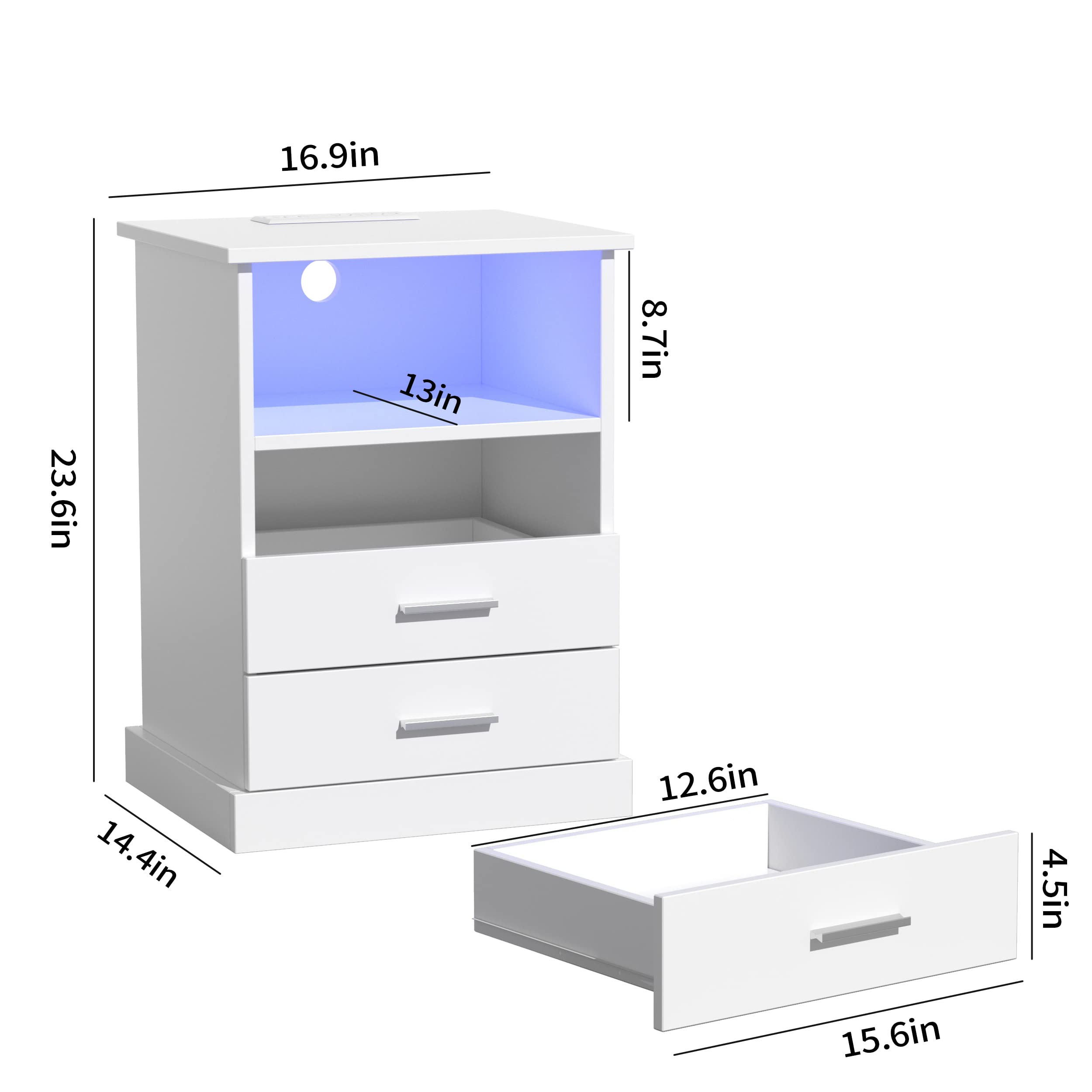 Halitaa Nightstand with Charging Station, LED Lights Side Table with 3 Drawers, End Table for Bedroom Office White