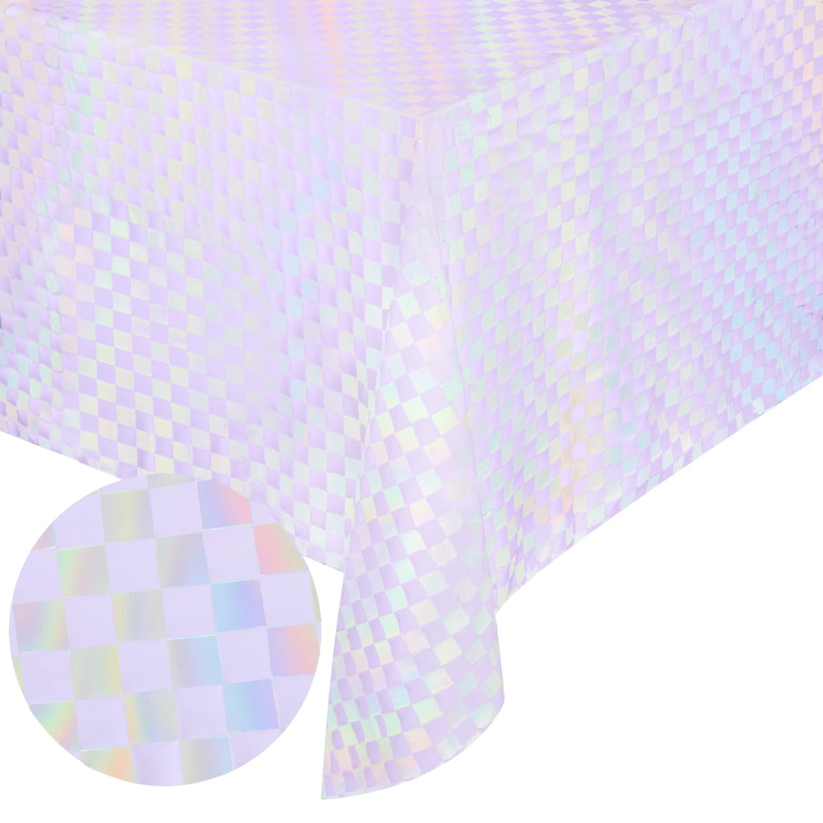 xo, Fetti Purple and Iridescent Checkered Washable Tablecloth - 9 ft. | Birthday Party Decorations, Disco Bachelorette Party Supplies, Retro Tableware, Cute Table Cover