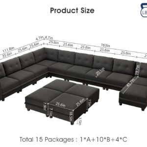 LLappuil Modular Sectional Sofa with Storage Oversized U Shaped Couch with Reversible Chaise Luxury Velvet Sofas for Living Room 10 Seats with 4 Ottomans Denim Black Grey