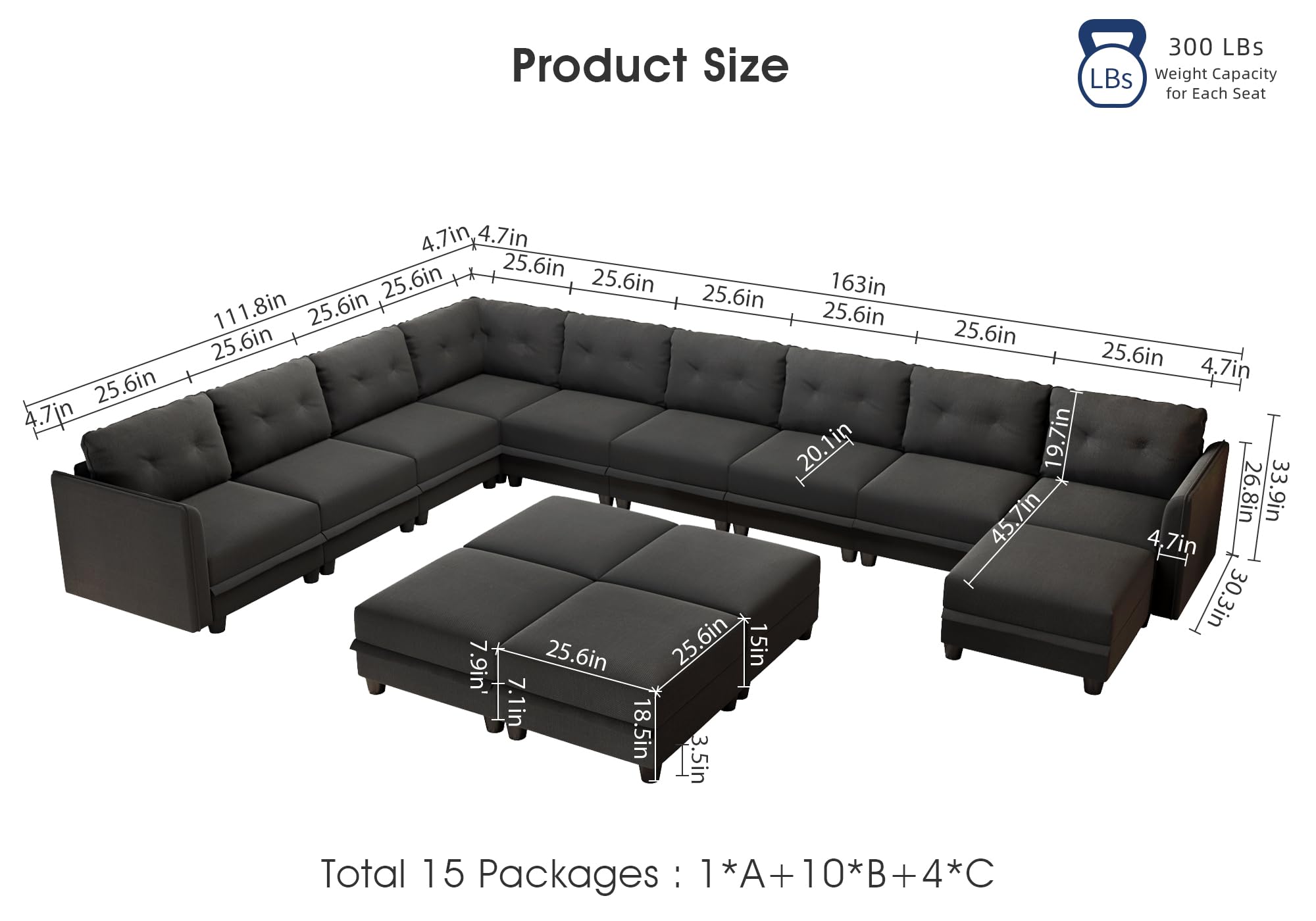 LLappuil Modular Sectional Sofa with Storage Oversized U Shaped Couch with Reversible Chaise Luxury Velvet Sofas for Living Room 10 Seats with 4 Ottomans Denim Black Grey