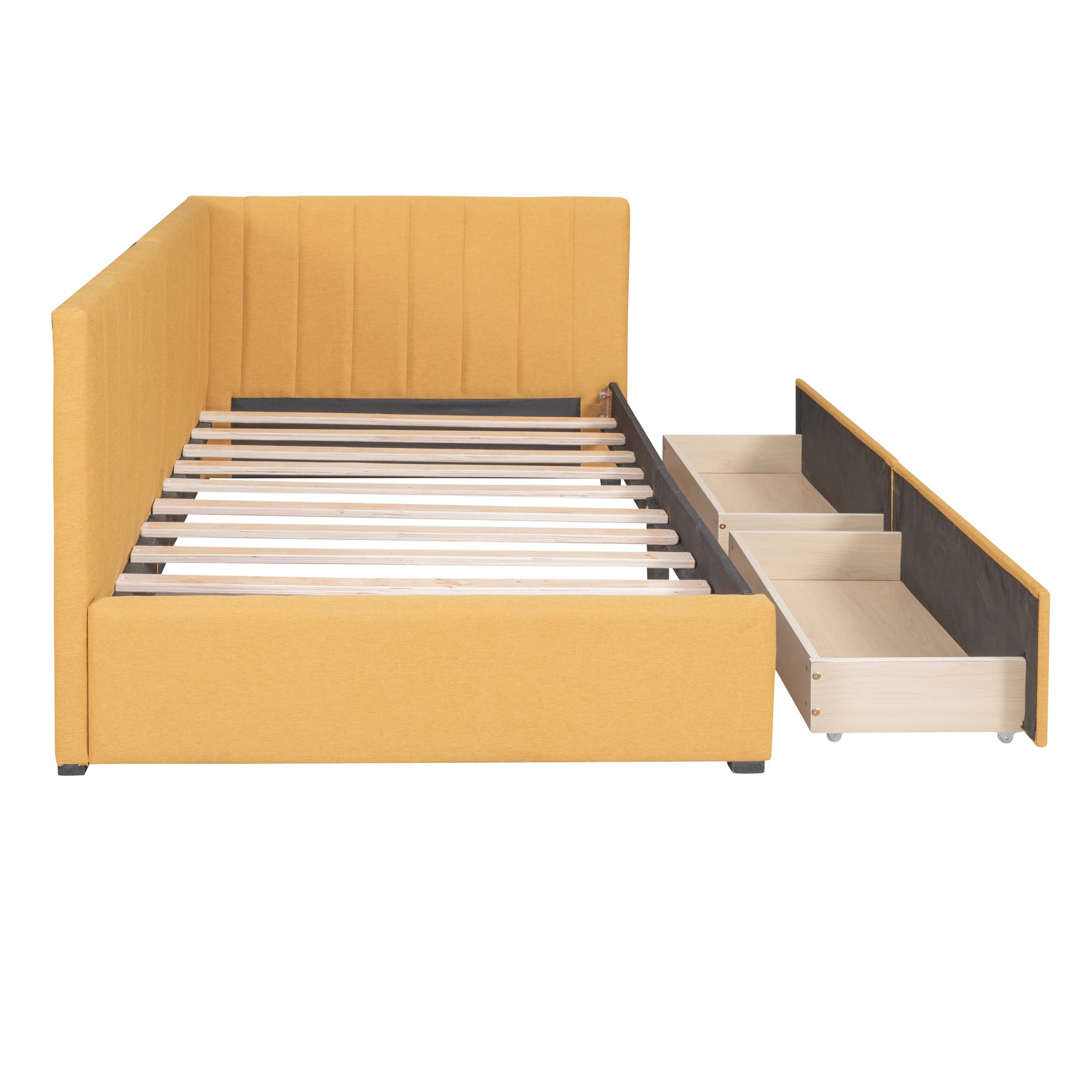 Merax Twin Size Daybed, Upholstered Twin Daybed with 2 Storage Drawers, Linen Fabric Twin Size Sofa Bed Frame, No Box Spring Needed, Yellow