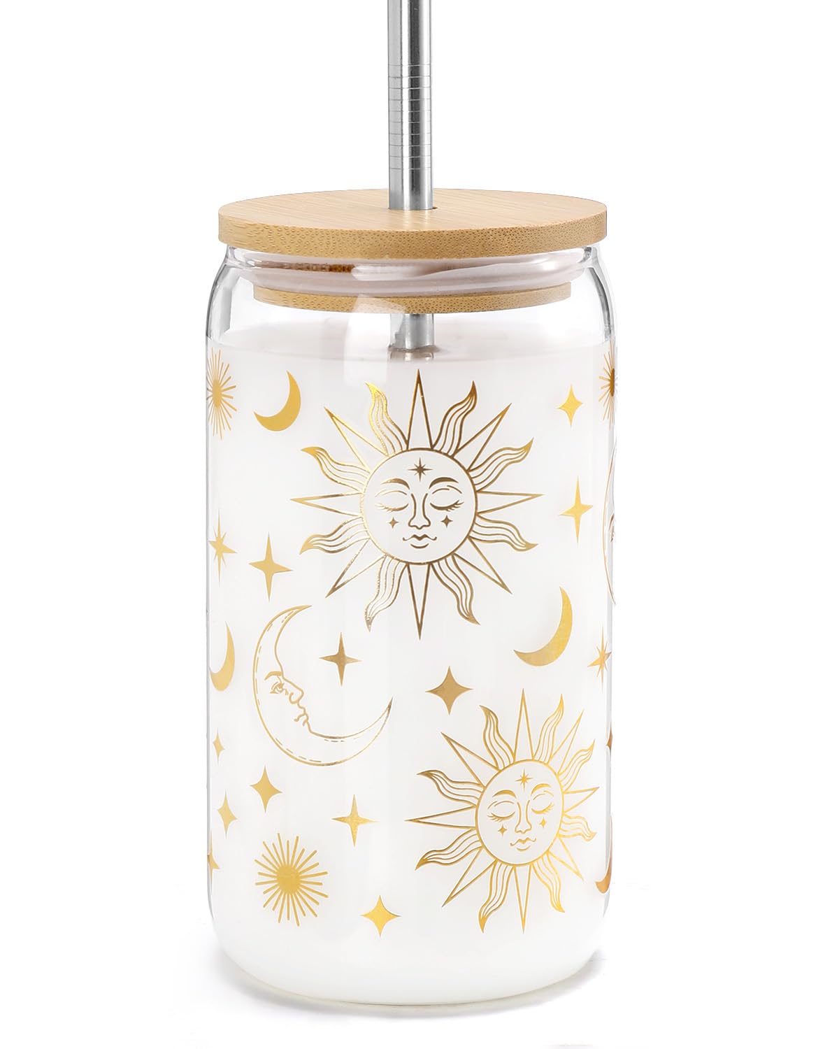 Nefelibata Sun and Moon Iced Coffee Cup Beer Can Glass for Hot/Cold Beverages Gothic Sun Moon Star Tumbler with Lid and Straw Celestial 16oz Coffee Mug Witchy Tarot Gift Boho Home Decor Birthday Gifts