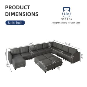 LLappuil Modular Sectional Sofa with Storage, Oversized Couch 14 Seater U Shaped Sofa with Chaise, Faux Leather Fabric Large Sectional Couch with Ottoman, Dark Grey