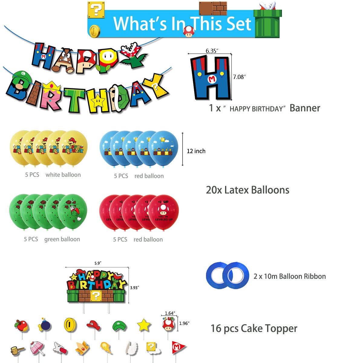 Mario Birthday Party Decoration Set, Super Bros Party Balloon Banner Cake Toppers, Mario Theme Party Decoration