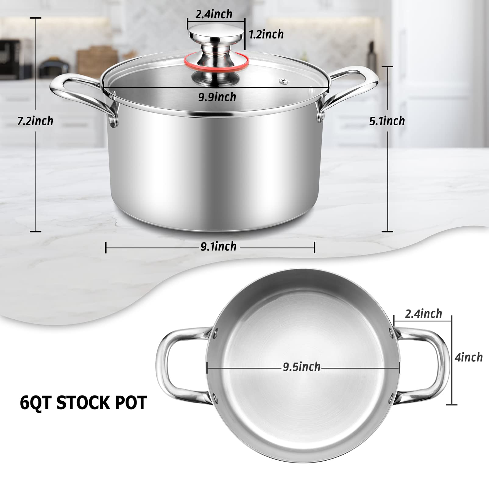 TeamFar 6 Quart Stock Pot, Stainless Steel Tri-Ply Cooking Pasta Pot with Tempered Glass Lid for Induction/Electric/Gas/Ceramic, Healthy & Sturdy, Double Riveted Handles & Dishwasher Safe