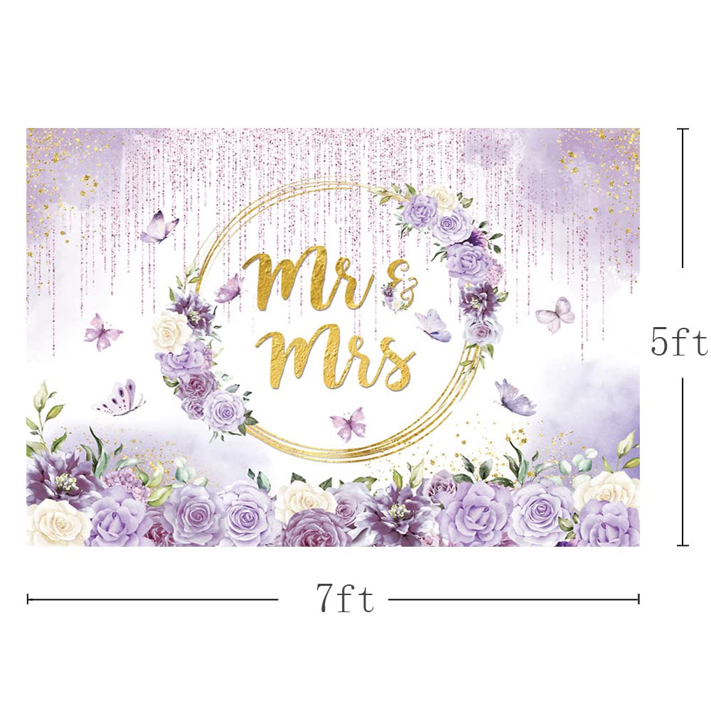 MEHOFOND 7x5ft Mr and Mrs Violet Wedding Backdrop for Bridal Shower Purple Flowers Dripping Glitter Photography Background Gold Geometric Couple Wedding Party Decor Bride to Be Engagement Banner Prop