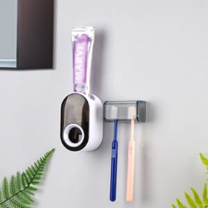 toothbrush holder wall mounted with cover for bathroom, 2 slots toothbrush storage organizer for shower, self adhesive toothbrush hanger with automatic toothpaste squeezer dispenser